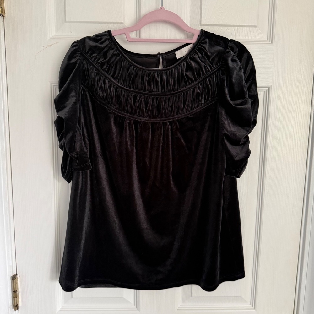 LOFT Black Velvet Smocked  Puff Sleeve Blouse Top Med NWT Dark Romantic